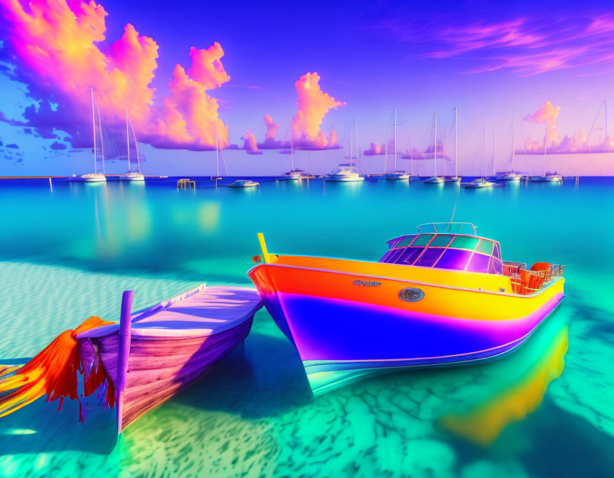 Colorful boat moored at dock under pink and orange sky