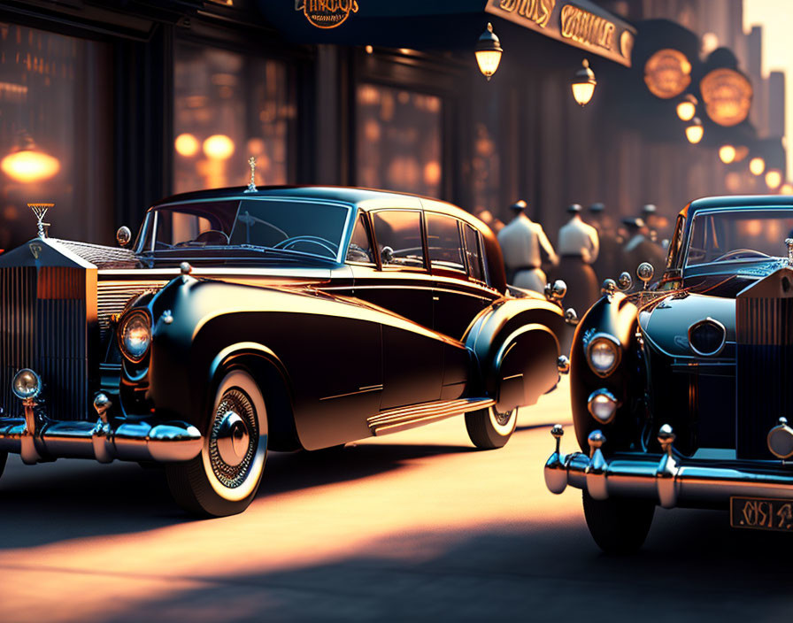 Classic cars on old city street at twilight with illuminated store signs and people walking.