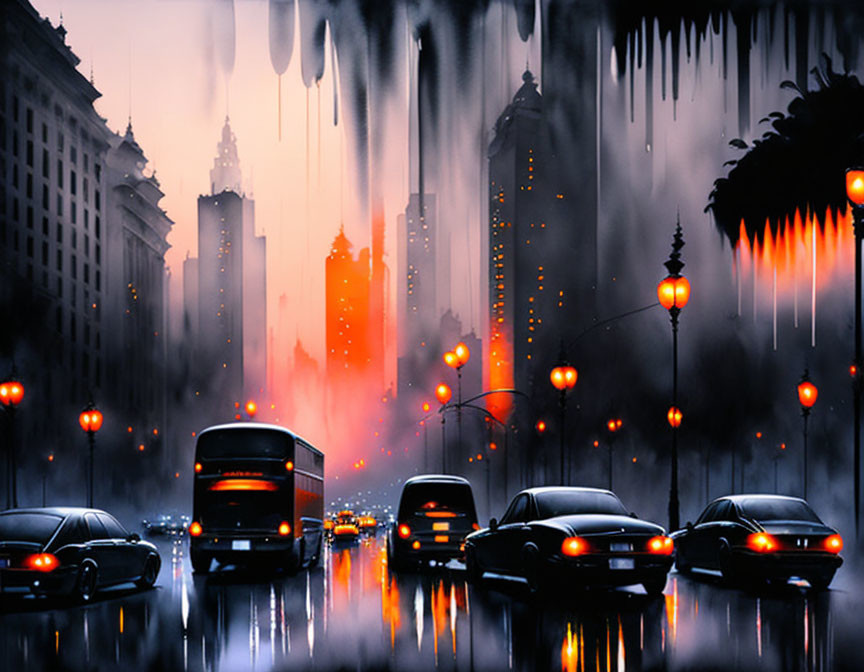 Vibrant city street artwork with surreal dusk atmosphere