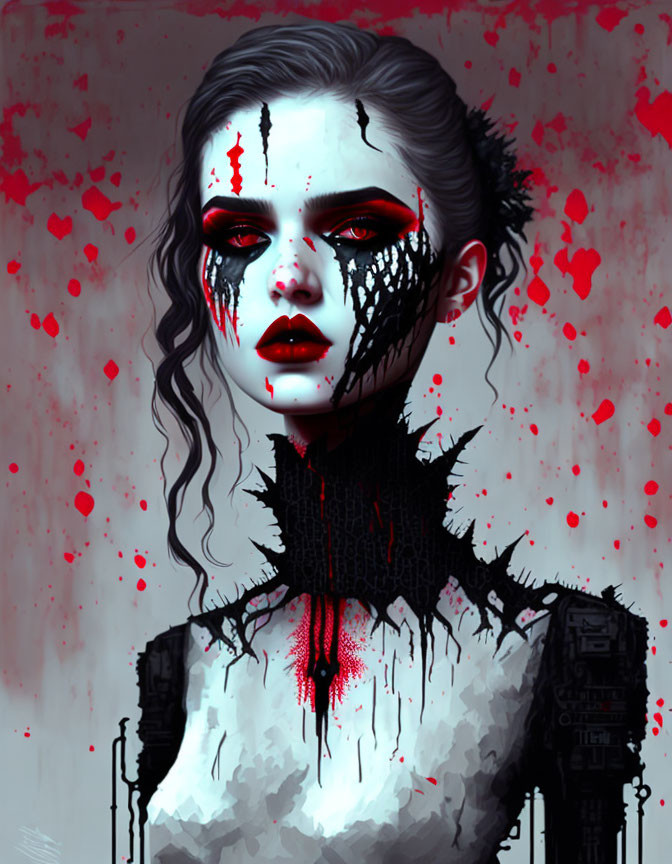 Stylized portrait of woman with pale skin, dark eye makeup, red splatters, and black