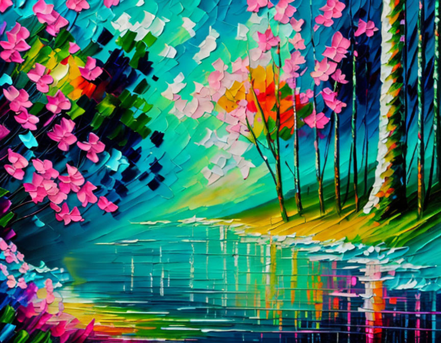 Colorful impressionistic painting of vibrant landscape with pink flowers and reflective water