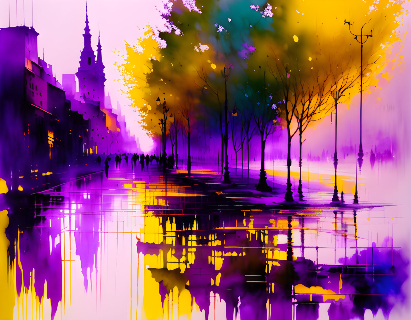 Colorful Cityscape with Silhouettes and Reflections in Purple, Yellow, and Pink