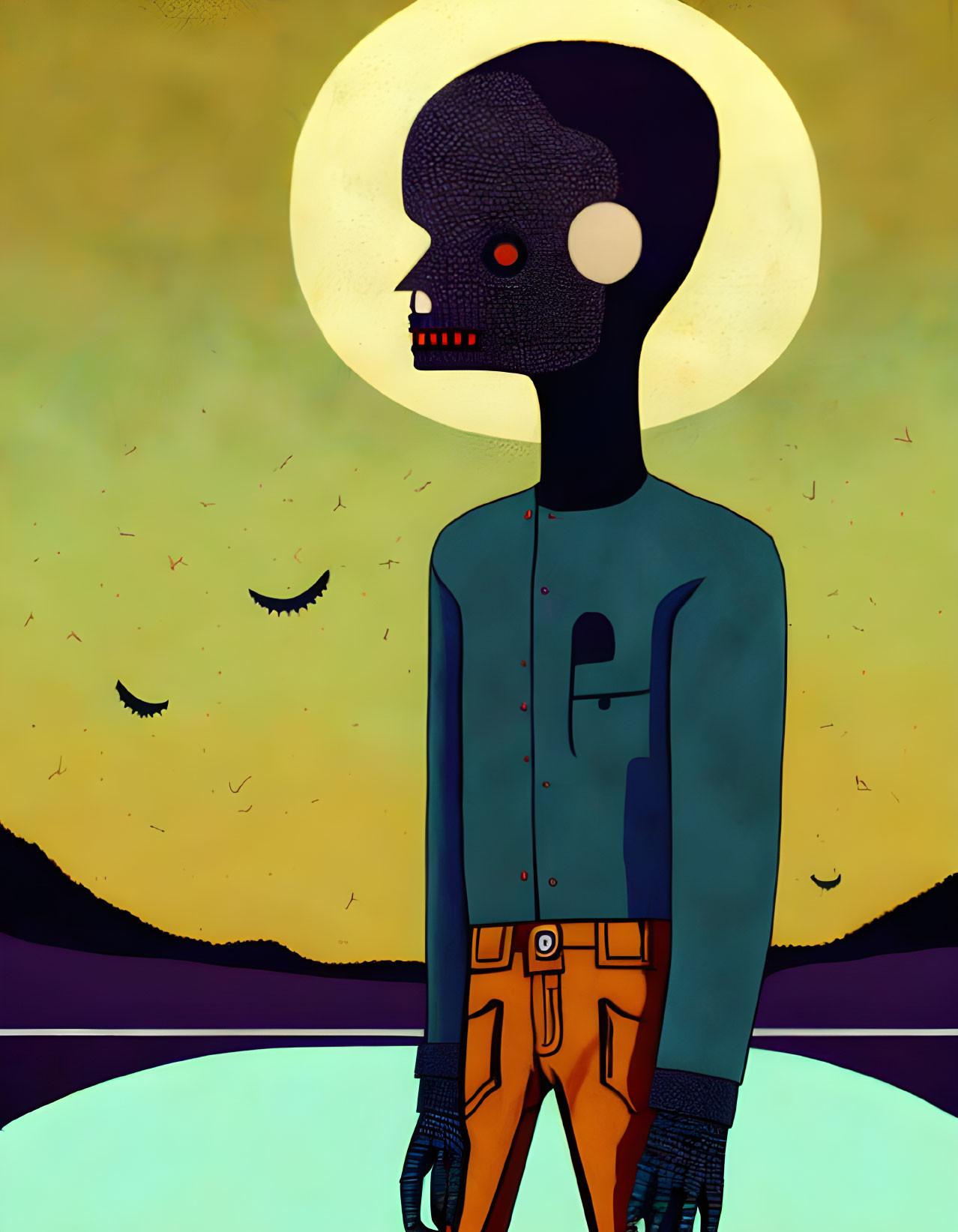 Stylized illustration: Figure with skull-like face in moonlit setting