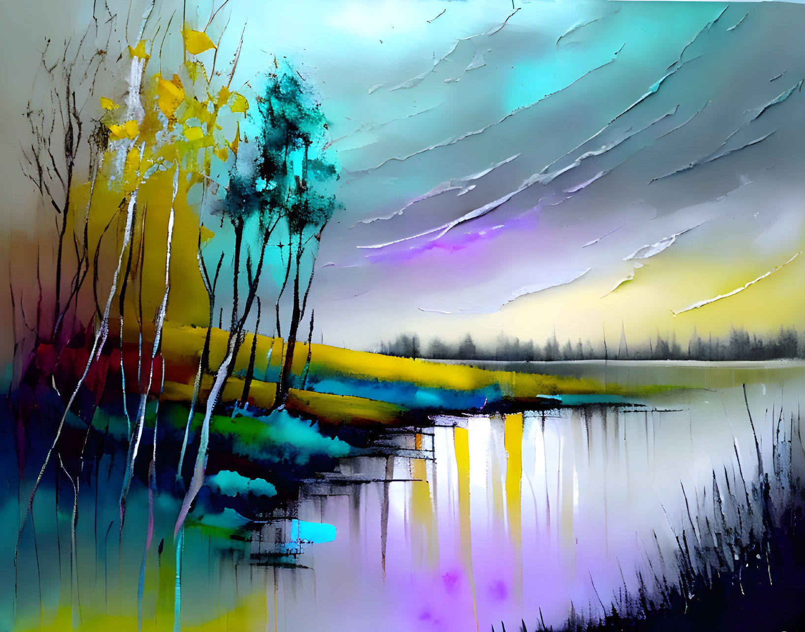 Colorful Abstract Landscape Painting with Sky, Trees & Water