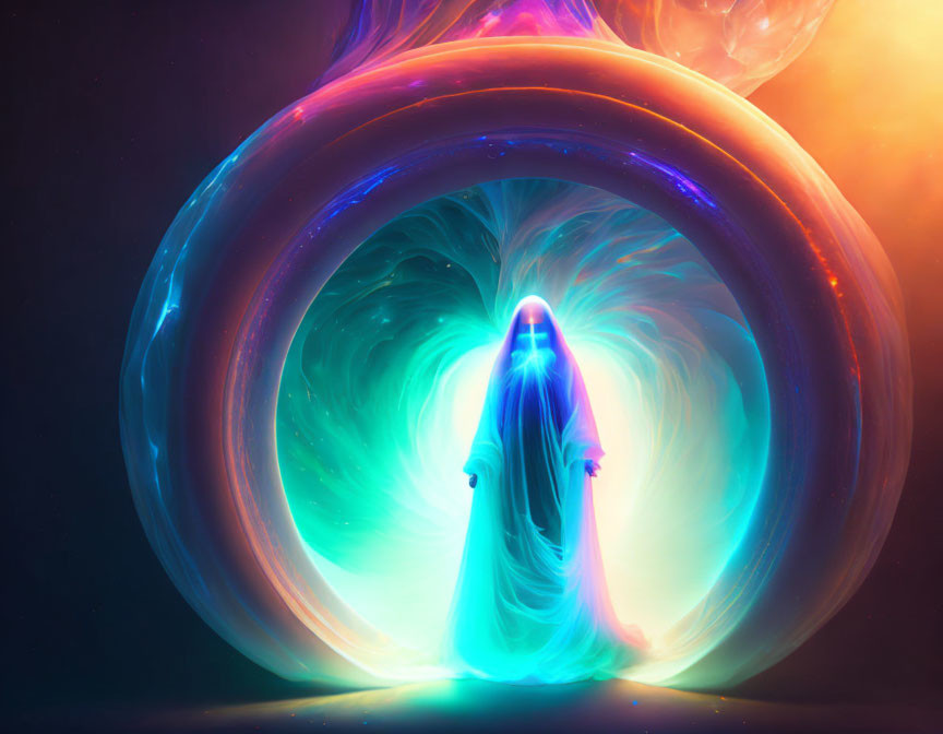 Cloaked figure in front of vibrant neon vortex