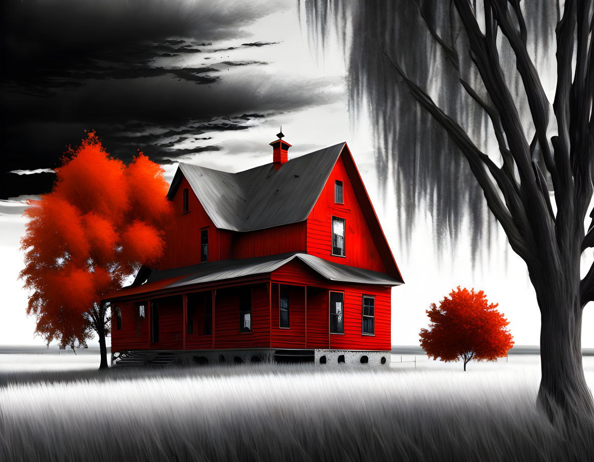 Vibrant red house and tree in monochromatic landscape under dramatic sky