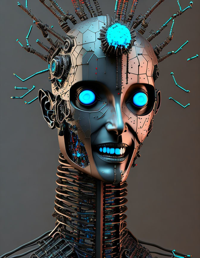 Futuristic robot head with glowing blue eyes and intricate circuitry