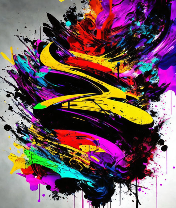 Vibrant yellow swoosh symbol on colorful splatter background