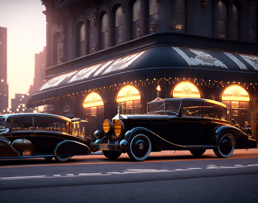 Classic Cars Parked Outside Elegantly Lit Building at Dusk