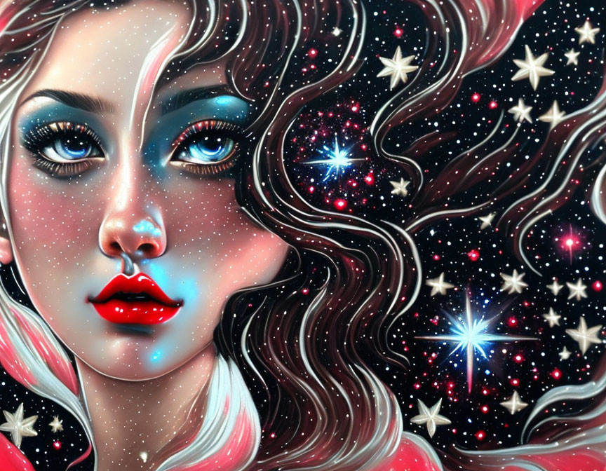 Starry space-themed digital art portrait of a woman with blue eyes and red lips