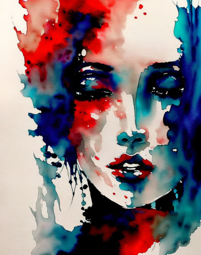 Vibrant watercolor portrait with red and blue ink splashes