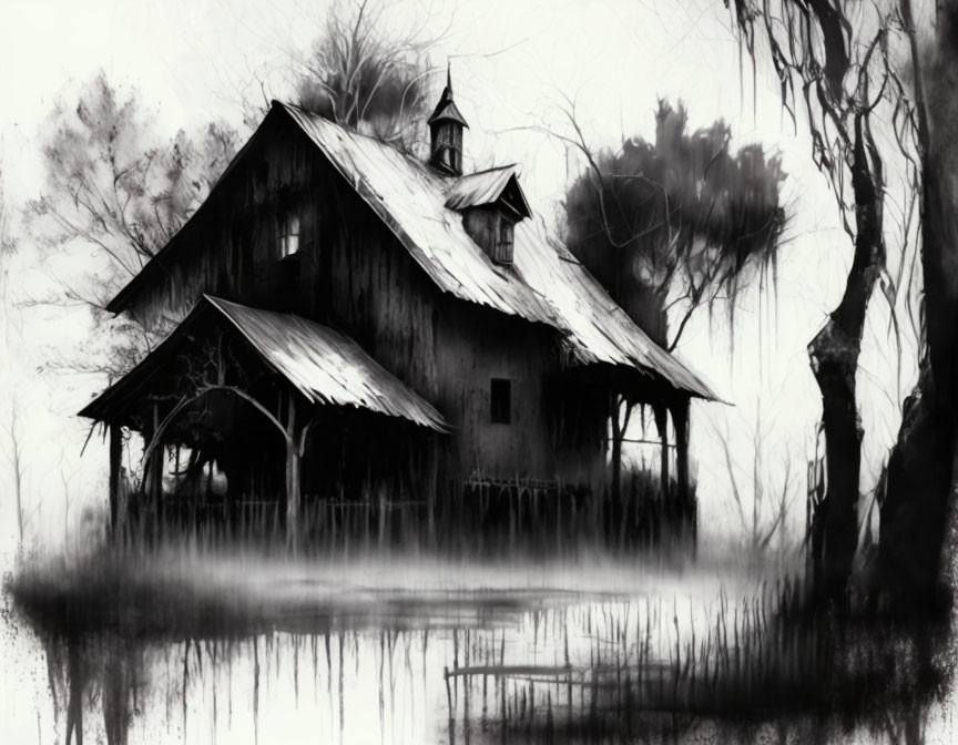 Monochrome eerie house illustration by misty pond