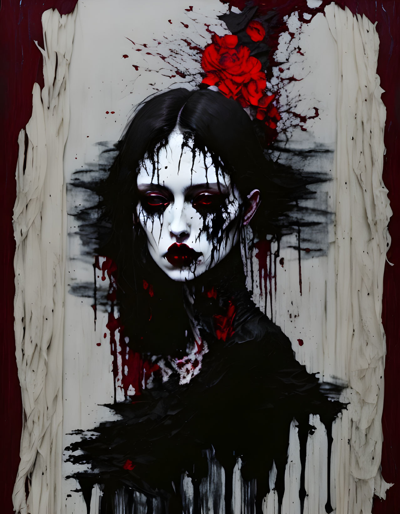 Figure with pale ghostly makeup and dark eyes against blood-like background.