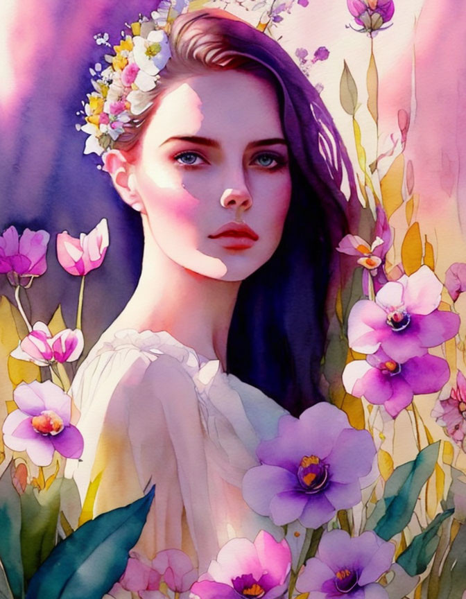 Woman with Floral Crown Surrounded by Purple Flowers on Watercolor Background