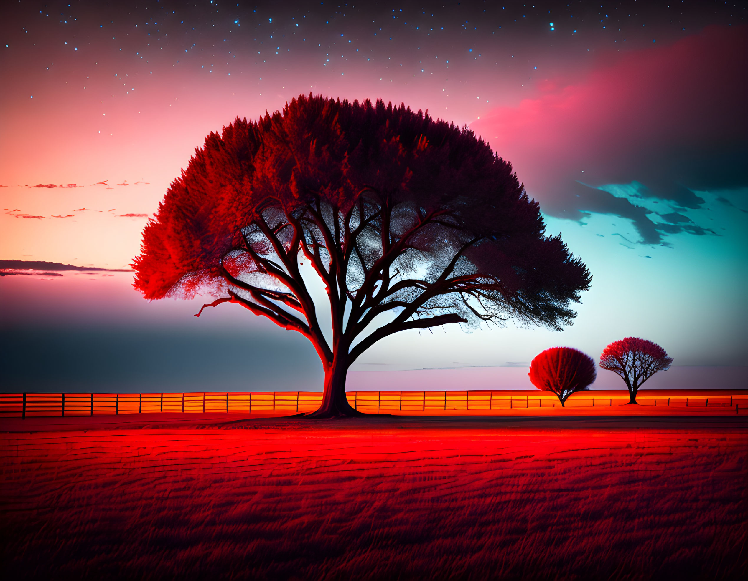 Surreal landscape with large tree, starry sky, red glow, smaller tree, and fence