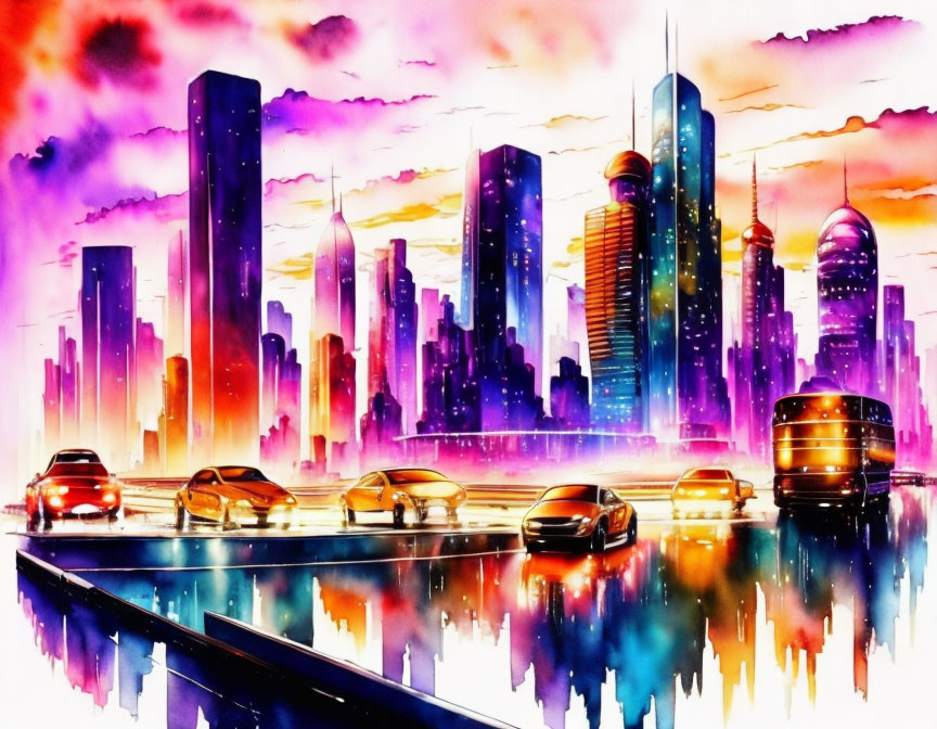 Cityscape illustration with skyscrapers, cars, and sunset reflections.