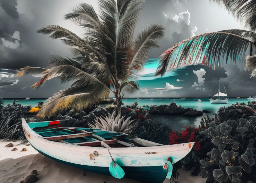 Tranquil beach scene with moored boat, palm trees, and sailing boats under dramatic sky