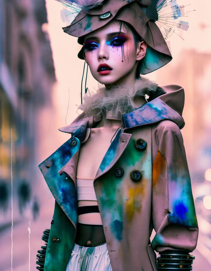 Colorful Avant-Garde Outfit: Woman with Bold Makeup in Urban Setting