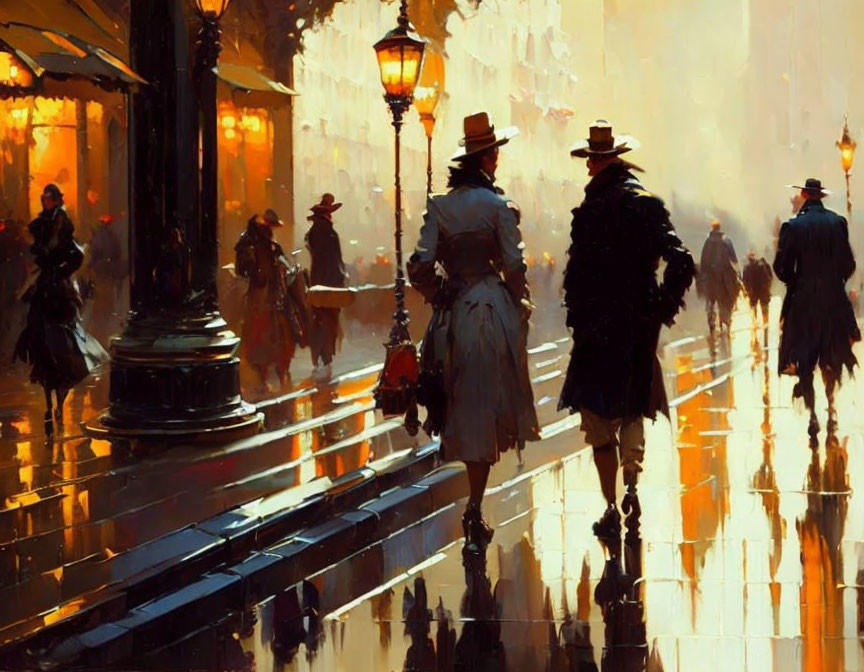 City Street Scene: Elegant Figures in Hats and Coats at Dusk