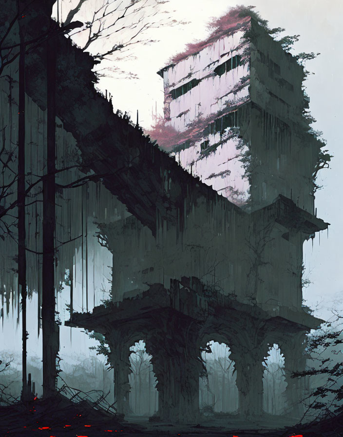 Illustration of overgrown Gothic building in foggy forest