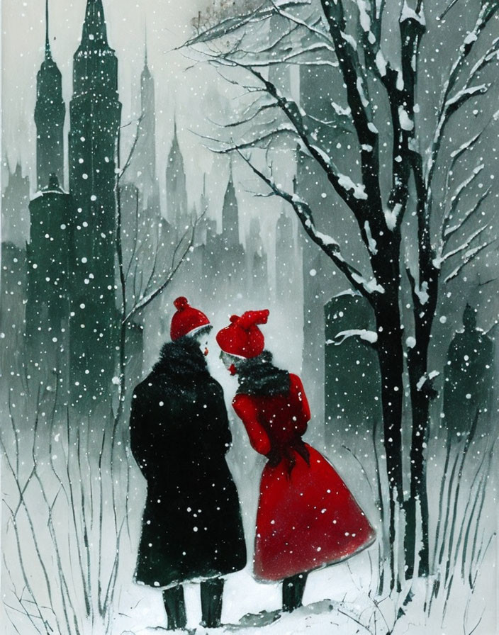 Two individuals in winter clothing enjoying snowy cityscape.