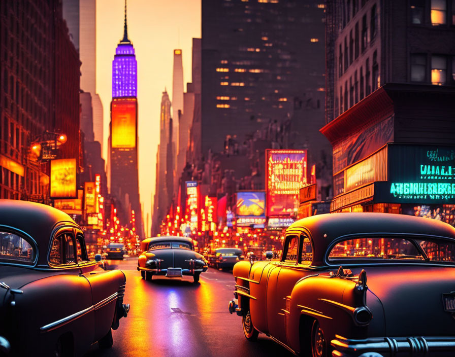 Classic cars in city street at dusk with neon lights and Empire State Building.