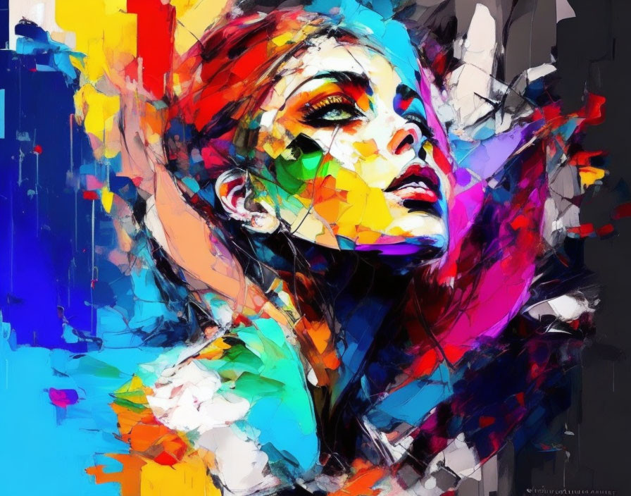 Vibrant abstract portrait of a woman with colorful paint strokes