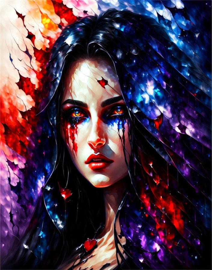 Colorful Illustration: Woman with Dark Hair in Red Makeup Against Vibrant Mosaic