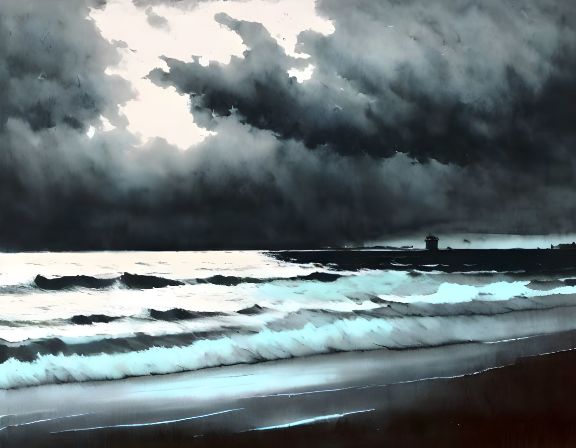 Stormy Coastal Scene with Turbulent Waves and Dark Clouds