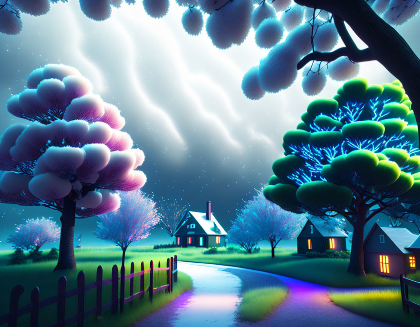 Colorful whimsical night landscape with glowing trees and cottages