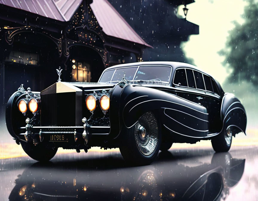 Luxury black car parked in front of house on rainy evening