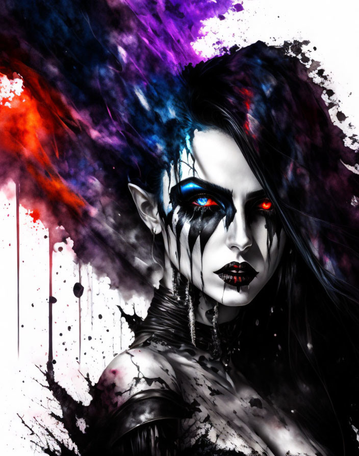 Digital artwork featuring female figure with red eyes, dark makeup, elf-like ears, and colorful ink spl