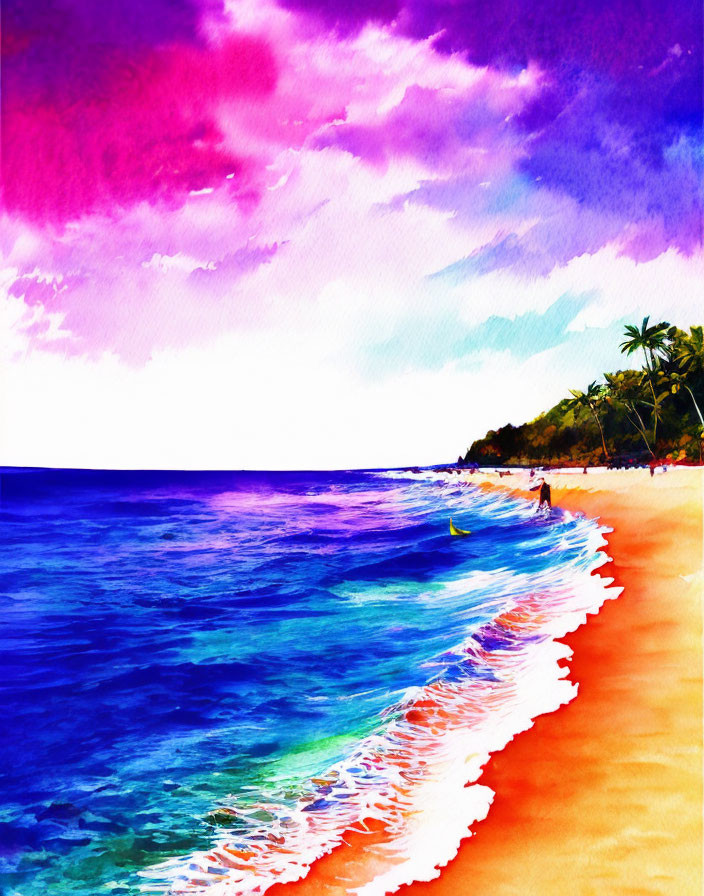 Tropical Beach Watercolor Painting with Vibrant Colors