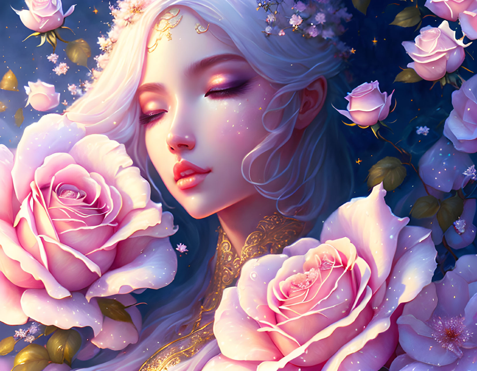 Pale-skinned woman with white hair among pink roses on starry night backdrop.