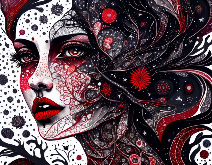 Detailed Cosmic and Floral Woman's Face Illustration in Red, White, and Black