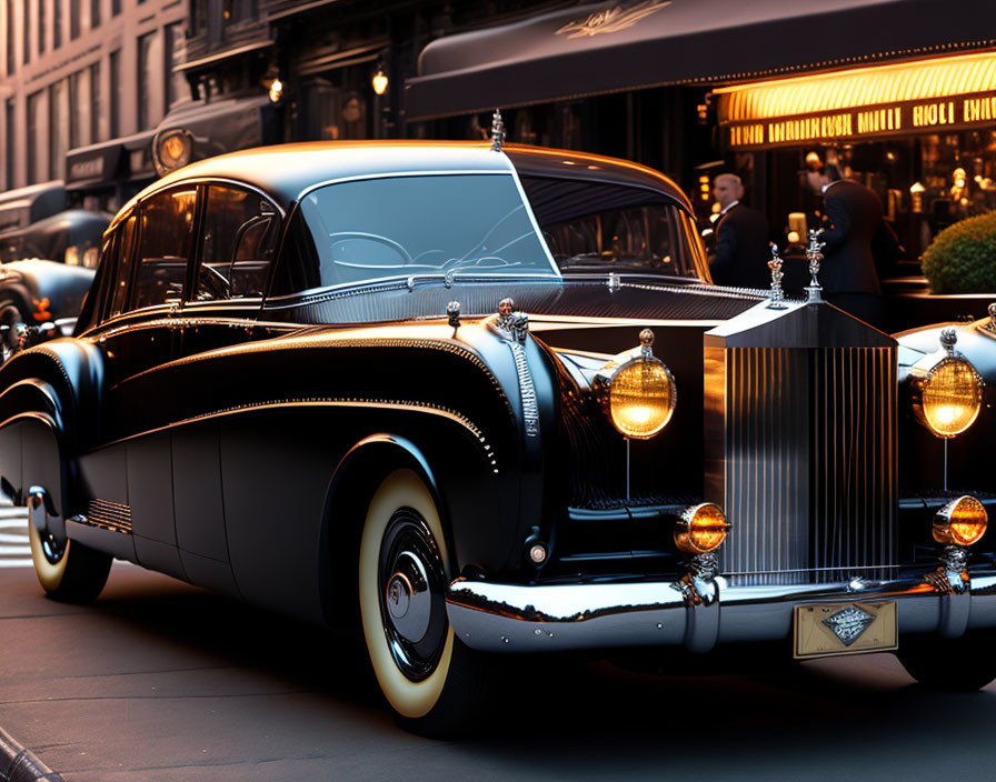 Luxury Black Car with Chrome Trims Parked at Lit Hotel Entrance