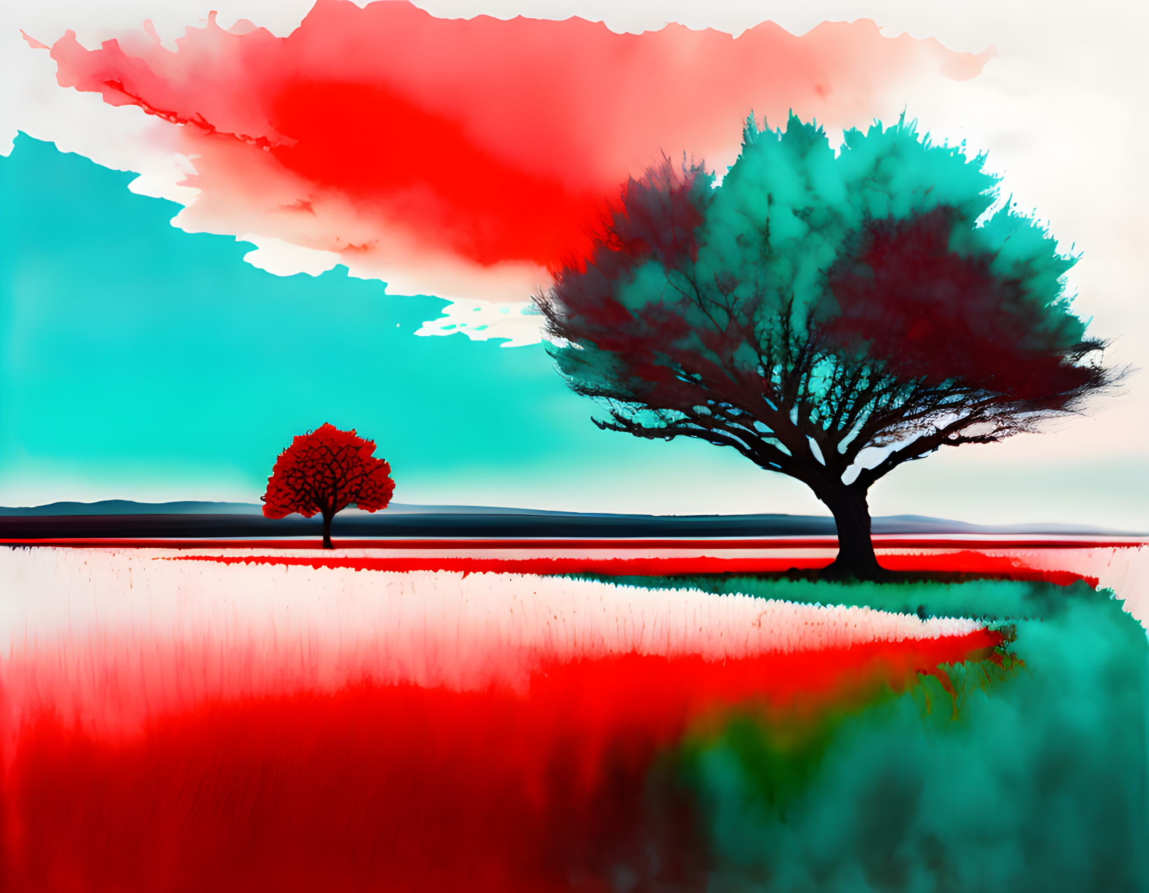 Surreal landscape with two trees under red sky