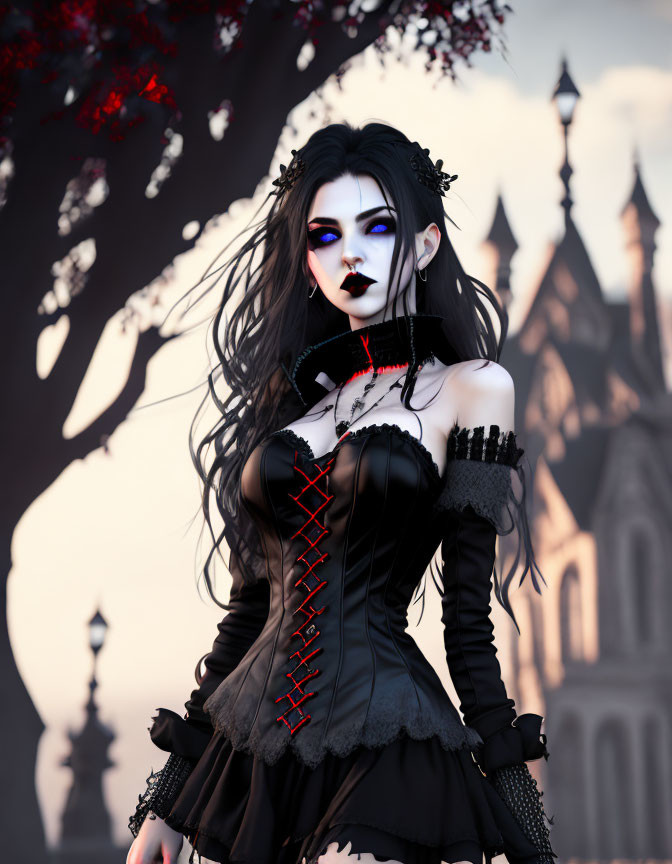 Gothic female figure in corset dress and choker by castle-like backdrop