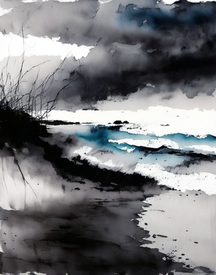 Monochromatic abstract painting of stormy seascape