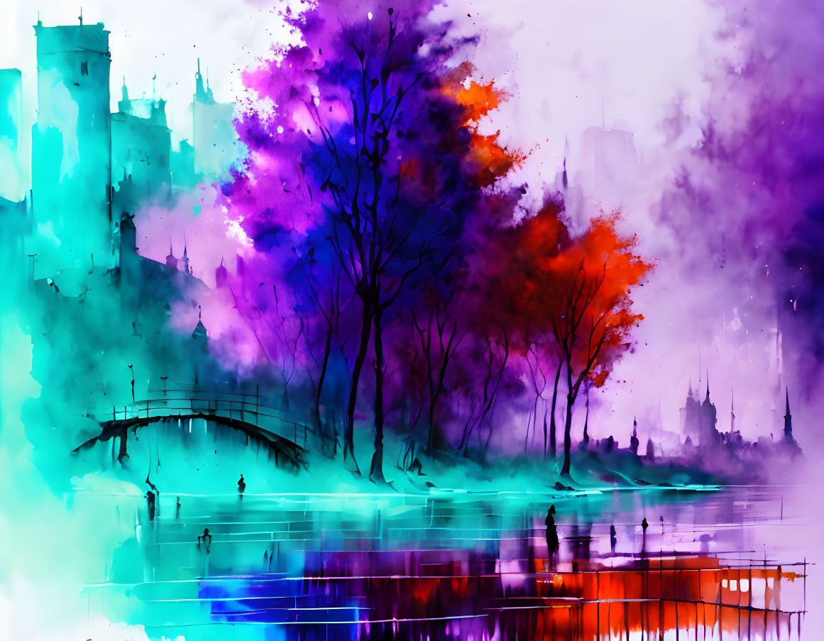 Colorful watercolor landscape with trees, river, people silhouettes, and castle outlines