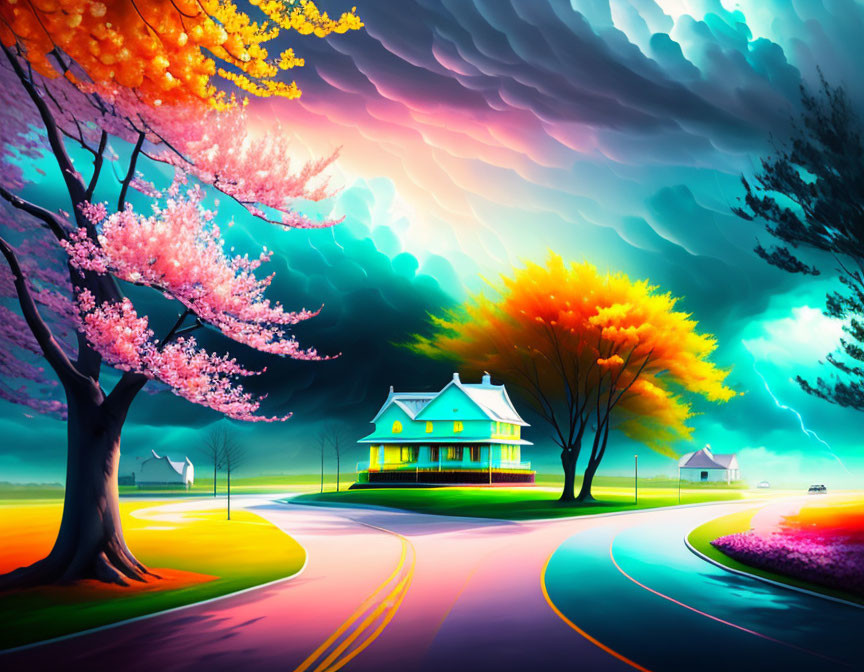 Colorful Landscape with Quaint House and Stormy Sky