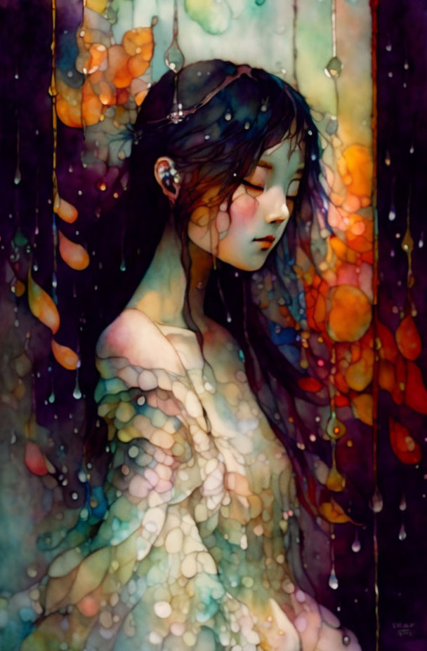 Ethereal girl in watercolor with colorful bubble patterns