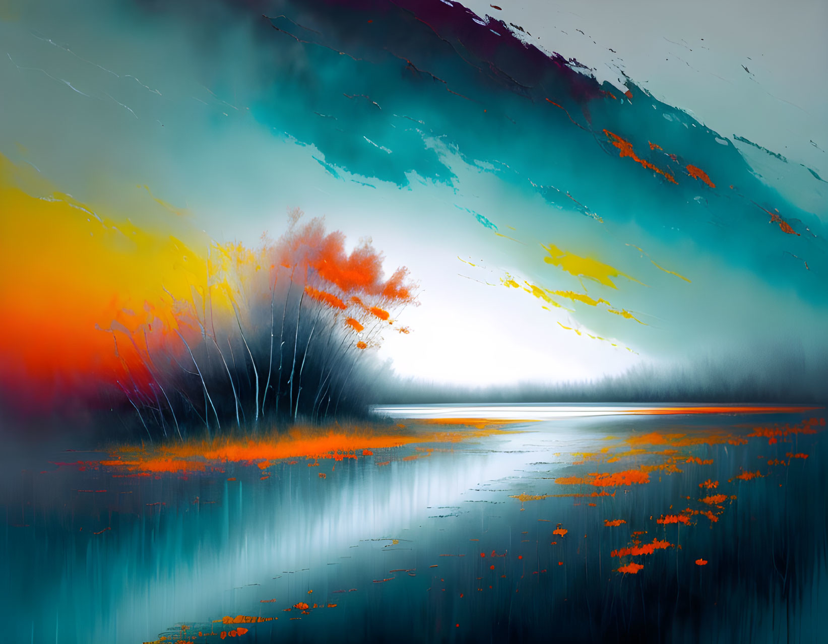 Vibrant digital landscape with orange and blue hues, reflective lake, abstract sky