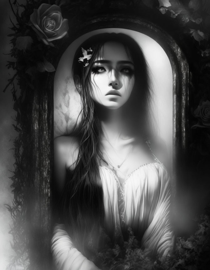 Monochromatic image: Woman with flowing hair in gothic, romantic setting