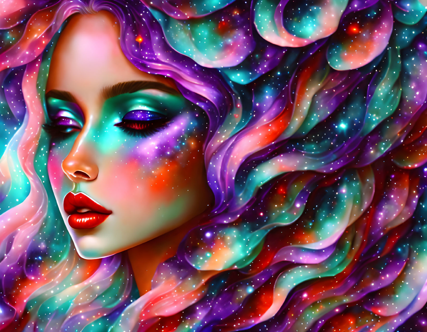 Colorful cosmic-themed woman illustration in purple, blue, and pink