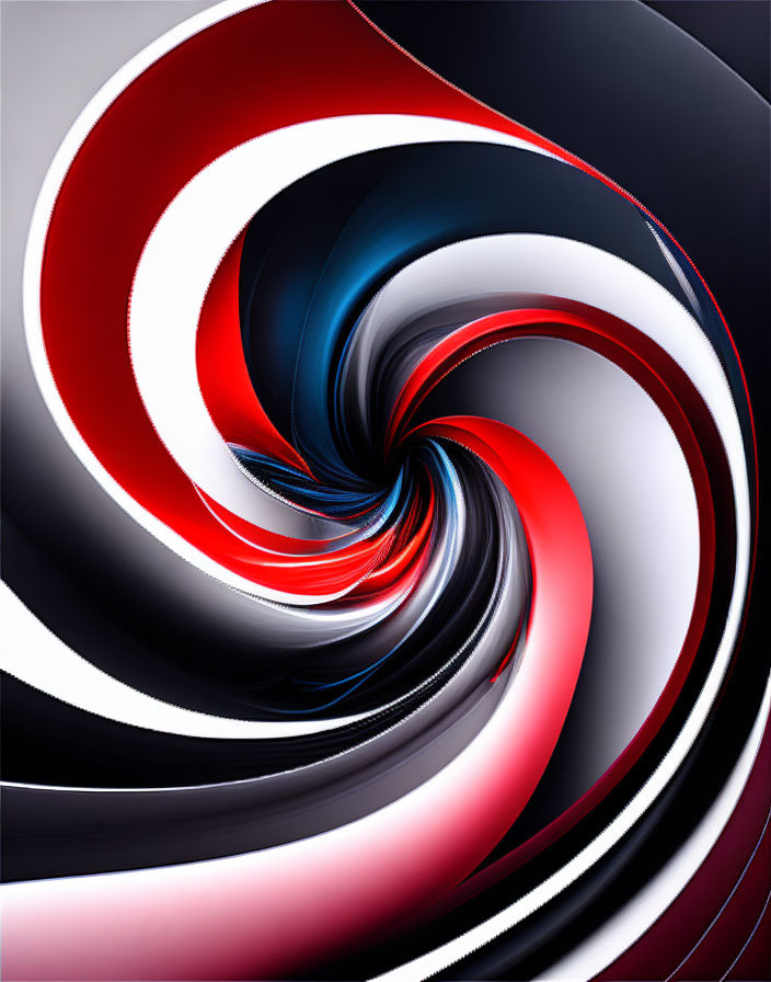 Swirling vortex digital art with red, white, black, and blue stripes