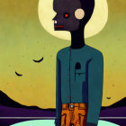 Stylized illustration: Figure with skull-like face in moonlit setting