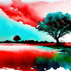 Surreal landscape with two trees under red sky