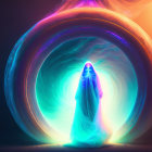 Cloaked figure in front of vibrant neon vortex