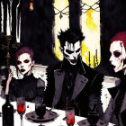 Three gothic figures drinking wine in eerie setting